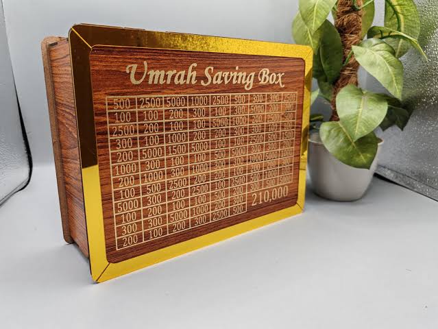 Premium Wooden Umrah Saving Box – 210,000 Savings Goal Challenge