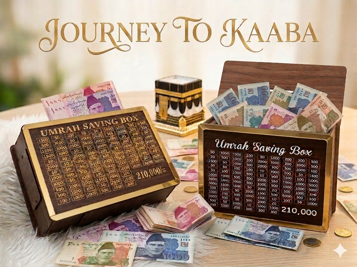 Premium Wooden Umrah Saving Box – 210,000 Savings Goal Challenge