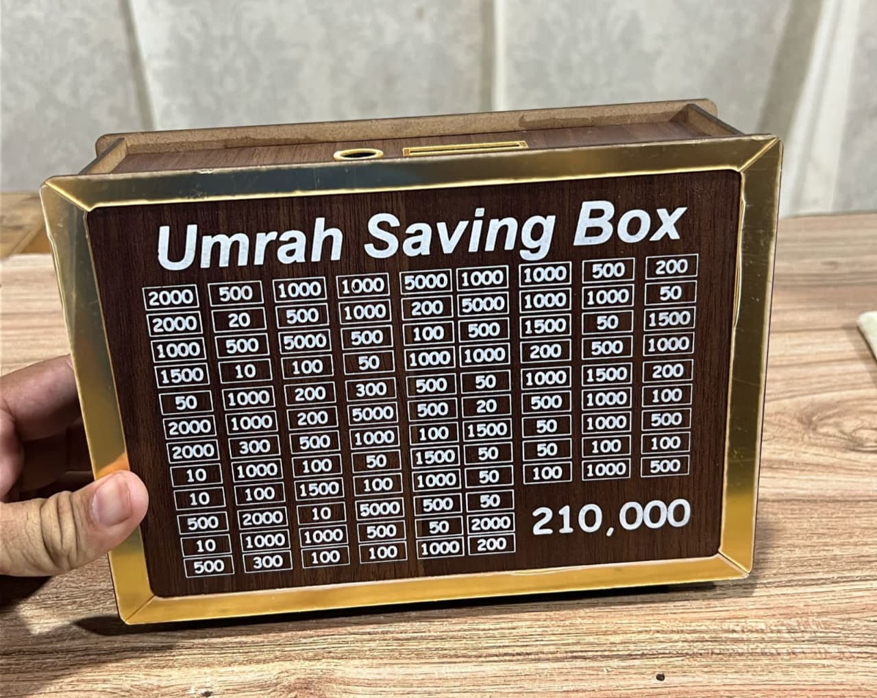 Premium Wooden Umrah Saving Box – 210,000 Savings Goal Challenge