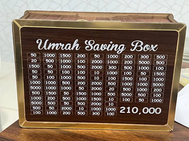 Premium Wooden Umrah Saving Box – 210,000 Savings Goal Challenge